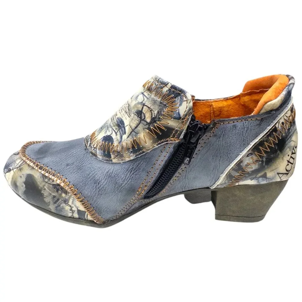 TMA Eyes Women's 6.5 Shooties Newsprint Patchwork  Distressed Heels